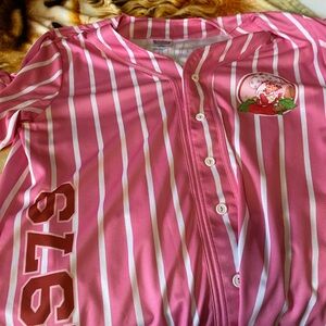 Pink & White Striped Button-Up Jersey with Strawberry Graphic